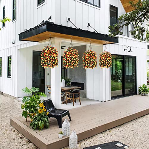 Ammyoo Artificial Flowers in Hanging Basket for Outdoors Spring Decor, Fake Mums Flowers Faux Plants with Hanging Baskets for Home Porch Garden Yard Patio Summer Decoration (Orange Yellow) - color: Orange Yellow