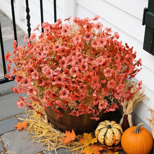 florisso Artificial Fall Flowers Fake Mums for Outdoor Autumn Decoration, 12 Bundles Faux Silk Orange Yellow Mums Daisy Look Real UV Resistant for Outside Home Porch Patio Planter - color: Fall Orange