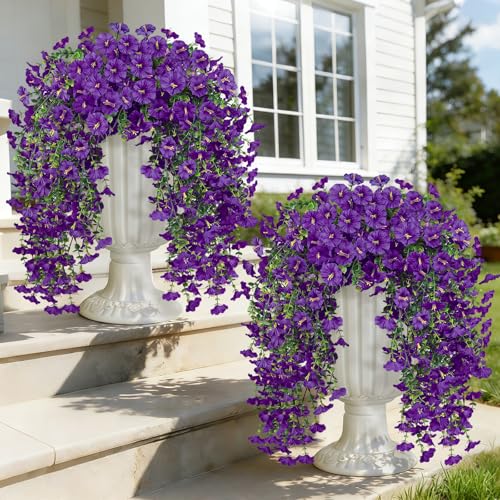 4PCS Artificial Hanging Flowers for Outdoors, 600 Blooms UV Resistant Morning Glory Vine Fake Flowers with Eucalyptus, Realistic Silk Faux Hanging Plants Spring Summer Decorations for Outside (Purple) - color: Purple, size: 4PCS
