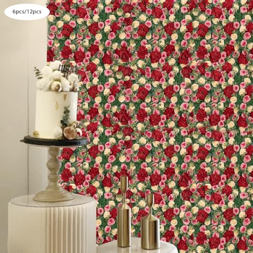 12 Pcs Artificial Flower Wall Panels Silk Dahlia Rose 3D Faux Flower Backdrop Panels Background Decorative for Wedding Celebrations Festive Party Home, 23.62 * 15.74in (Red-1) - color: Red-1