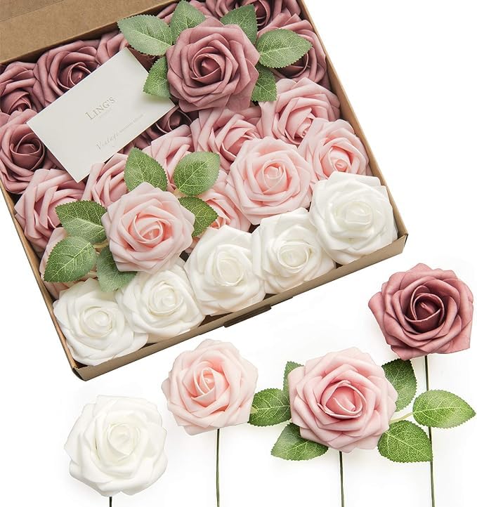 Ling's Moment Artificial Flowers, 25Pcs 3" Roses in Dusty Rose Shades, Realistic DIY Foam Floral Decor for Wedding Bouquets/Centerpieces, Outdoor Party Backdrops, Room/Table, and Garden/Pot Decoration - color: Shades of Dusty Rose, size: 25Pcs