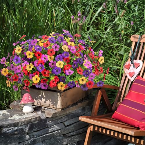 Ammyoo Artificial Flowers for Outdoors Potted Spring Decor, 12 Bundles Fake Summer Daisy with Realistic Eucalyptus Leaves, Faux Plants for Greenery Boxwood Porch Patio Garden Pot Lawn - color: 4 Colors(purple Deep Purple Red Yellow)