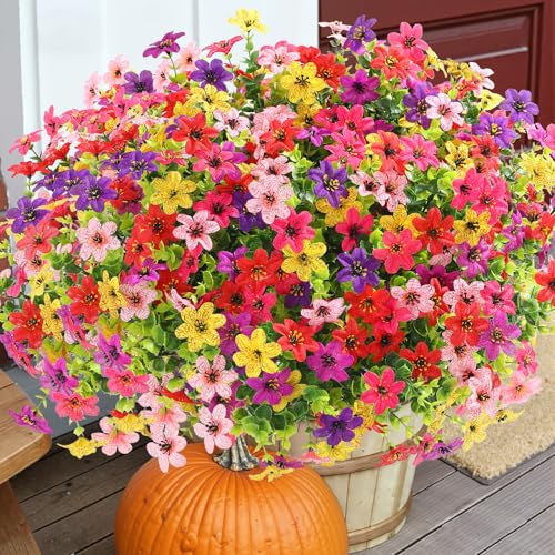 SHareconn 24 Bundles Artificial Flowers for Outdoors Decoration, Faux Plants Fake Silk Colorful Daisy Eucalyptus Lavender, UV Resistant for Outside Home Indoor Spring Decor, 6 Colors incl. Deeppurple - color: Redfuchsiapurpledeeppurpleyellowpink