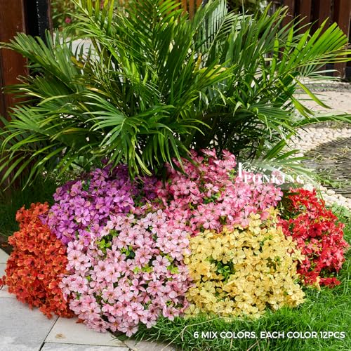 Artificial Flowers for Outdoors Patio Decoration 12 Bundles Fake Flower Cherry Blossom UV Resistant Faux Plants Yard Garden Porch Home Boxwood Patio Decor, Mix Pink Purple Yellow Orange Red Flower - color: B 6 Mix Colors Cherry Blossom 12pcs