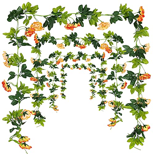 JUSTOYOU 2 Pack (15.8FT) Fake Rose Garland, Artificial Rose Vines Flowers Hanging Silk Rose Vine Wedding Home Backdrop Party Arch Arrangement Decoration - color: Sunset Red