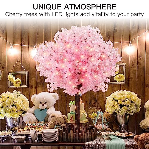 4FT Pink Christmas Artificial Cherry Blossom Tree with LED Light, Handmade Pink Cherry Tree, Cherry Blossom Tree Artificial for Party, Wedding, Home Decor, Indoor & Outdoor (1.2M/4 Trunks) - size: 4ft