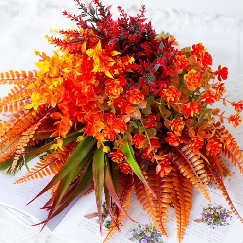 Pack of 9 Artificial Autumn Flowers, Artificial Flowers, Autumn Decoration, Autumn Plants, Shrubs, Plastic Flowers, Autumn Plant Flowers for Indoor, Outdoor, Table, Balcony Box, Flower Box
