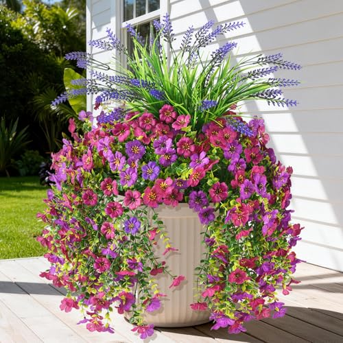 Artificial Fake Hanging Flowers Plants for Outdoor Outside Decoration, Faux Silk Daisy Flower Realistic UV Resistant for Front Porch Patio Balcony Garden Yard Indoor Planter Home Decor(Purple Pink) - color: Purple Fuchsia