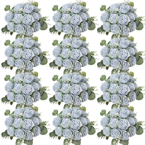 Peonies Artificial Flowers Bulk, 12 Bundles Fake Silk Peonies Faux Eucalyptus Bouquet Realistic Peony Floral Arrangement for Wedding Table Centerpiece Vase Decor (Dusty Blue) - color: Dusty Blue