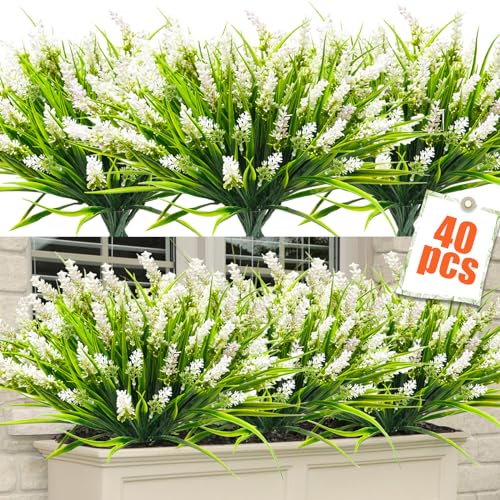 40 Bundles Artificial Plants Outdoor Fake Monkey Grass with Lavender Flowers Plastic UV Resistant Greenery Shrubs for Window Box Porch Garden Patio Outdoor Decor(White) - color: White