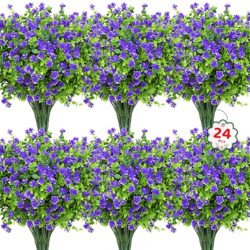Roberly 24 Bundles Artificial Flowers for Outdoors, UV Resistant Eucalyptus Fake Flowers Shrubs Greenery Plastic Plants for Garden Porch Window Box Farmhouse Indoor Home Decor, Purple - color: Purple