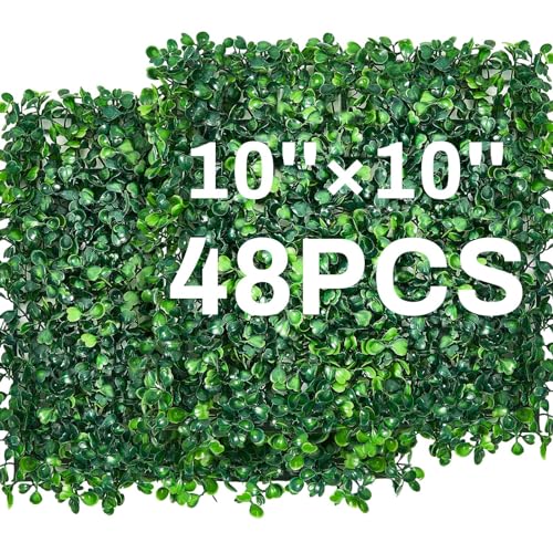 Crowye 48 Pcs 10 x 10 Inch Grass Wall Panel, Artificial Boxwood Wall Panels, Privacy Screen Greenery Backdrop UV Protected Topiary Hedge Plant for Outdoor Indoor Garden Fence Backyard Decor - size: 10 x 10 Inch