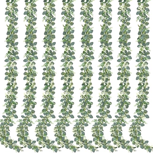 Sggvecsy 8 Pack Artificial Eucalyptus Garland Eucalyptus Leaves Vines Greenery Garland Faux Silver Dollar Eucalyptus Leaves for Table Party Wedding Indoor Outdoor Home Mantle Wall Decor - size: 8PCS