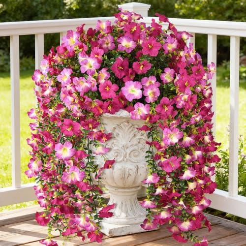 Artificial Fake Flowers Plants for Outdoor Spring Summer Decoration,2 PCS Faux Silk Morning Glory with Eucalyptus Leaves,UV Resistant Realistic Outdoor Flowers for Balcony Porch Patio Yard Garden - color: Violet Red Pink Red