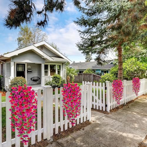 Artificial Hanging Petunias Flowers for Outdoor, 2pcs Fake Plants Long Vine Morning Glory Eucalyptus, UV Resistant Realistic Faux Greenery Outside Patio Porch Garden Spring Decor, Purple Hot Pink - color: Hot Pink Purple