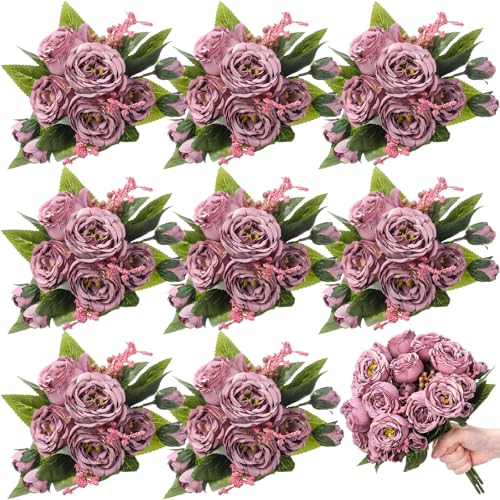8 Bundles Artificial Peonies Flowers Boho Faux Flowers Arrangements Artificial Centerpiece Spring Bouquet Floral Wedding Decoration for Vase(Dark Purple) - color: Dark Purple