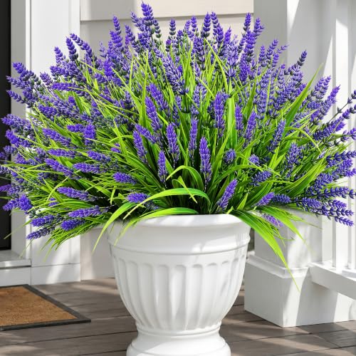 Faux Flowers for Outdoor Planters – 20 Bundles Fake Plants Outdoor, UV Resistant Artificial Plants & Flowers with Fake Monkey Grass, Faux Outdoor Plants for Porch Patio Garden Decor - color: Purple