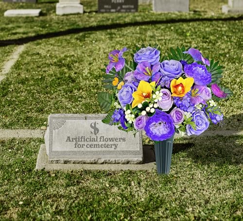 Artificial Cemetery Flowers for Grave,Memorial Flowers Bouquet with Vase for Headstones Decoration,Purple Rose Hibiscus Cymbidium Berry - color: Purple