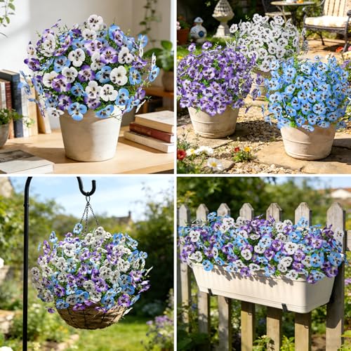 Ouddy Decor 20 Bundles Artificial Pansy Flowers for Outdoors, Fake Silk Flowers Faux Plants UV Resistant for Vase Table Balcony Planter Porch Yard Garden Indoor Outdoor Home Decor, Purple Blue White - color: Purple Blue White