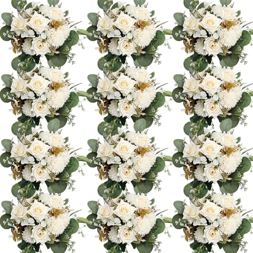 Artificial Peonies Flowers 12 Bundles Silk Chrysanthemum Flowers Fake Roses with Eucalyptus, Realistic Faux Mums for Vase Arrangement, Home Decor, Wedding Table Centerpiece - White - color: White