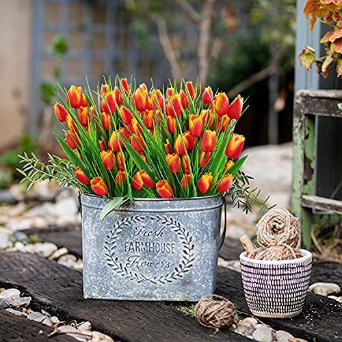8 Bundles Outdoor Artificial Tulips Fake Flowers UV Resistant Faux Plastic Greenery Shrubs Plants for Home Outside Garden Porch Window Farmhouse Decor (Orange) - color: Orange