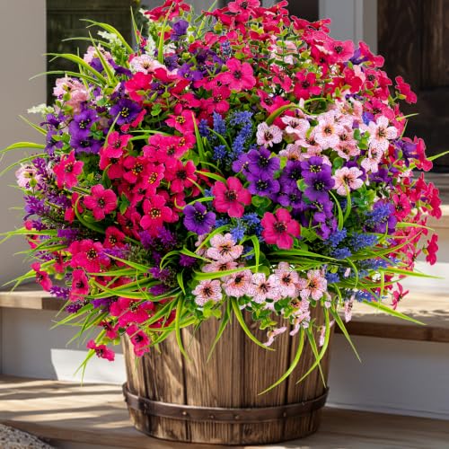 AXYLEX Artificial Flowers for Outdoors, 16 Bundles Fake Plants (Mixed) | UV resistant faux plastic flowers, no fade artificial greenery – garden, patio, porch & home - color: Mix White Purple Pink Lavander