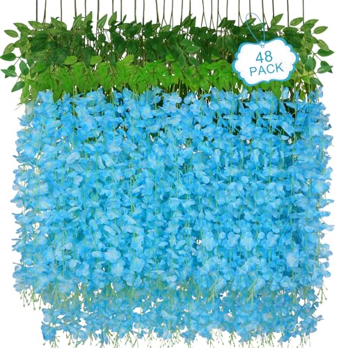 48Pcs Artificial Wisteria Hanging Flowers, 3.6Ft/Pcs Blue Fake Wisteria Garland for Wedding Party Home Garden Indoor Outdoor Decoration - color: Blue, size: 48Pcs