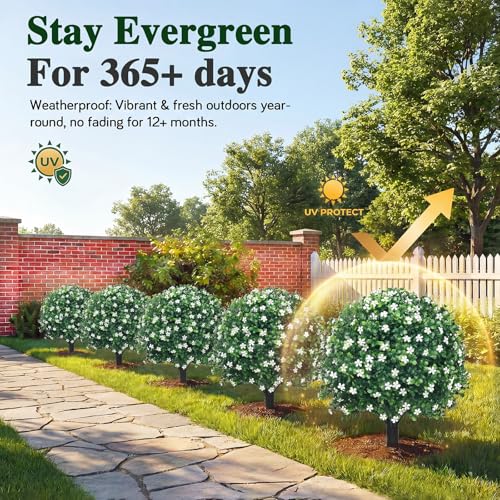 PATIO CHOICE Topiary Trees Artificial Outdoor Boxwood Ball Trees with Ground Spike Set of 2 22" Fake Outdoor Plants Faux Bushes and Shrubs Decorations for Outdoor Indoor Front Porch Garden - color: White, size: 22in