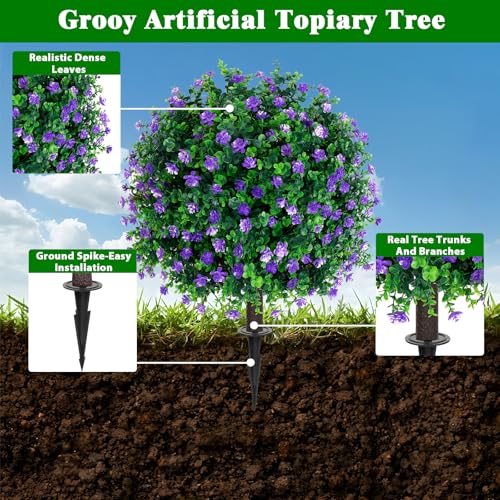 Grooy Artificial Boxwood Topiary Tree with Flower, Set of 2 Artificial Shrub Bushes with Ground Spike, Fake Evergreen Tree for Porch, Artificial Plants for Outdoor Planters Indoor UV Resistant - color: Purple Flower