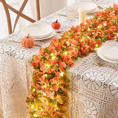 BLEUM CADE 5Pcs 41Ft Flowers Garland Artificial Rose Vines with 32.8Ft String Lights, Cute Fake Hanging Flower Vines Floral Garland Decorations for Wedding Party Wall Room Decor Aesthetic - color: Orange With Lights, size: 5 Pcs