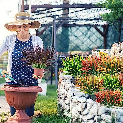 12 Pcs Outdoor Fake Plants UV Resistant Artificial Tall Grass Plants Faux Tropical Flowers Bushes Fall Winter Summer Planters Yard Patio Front Porch Décor Plastic Greenery Shrubs Decoration - color: Dark Purple Grass Plant, size: 12 Pcs