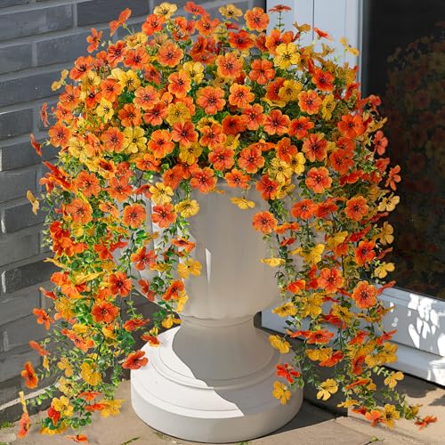 Ammyoo Artificial Hanging Flowers for Outdoors Fake Mums Fall Decoration, 2 Pcs Faux Silk Daisy Flower Realistic Outside Plants UV Resistant Porch Patio Window Garden Indoor Decor(Yellow Orange) - color: Dyellow Orange