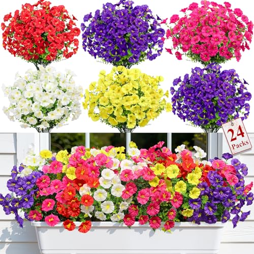 Alupssuc 24 Bundles Artificial Flowers for Outdoors Spring Decoration, UV Resistant Faux Petunia Silk Morning Glory with Eucalyptus Realistic Fake Flowers for Yard Planter Porch Garden, 5 Colors - color: Red, Fuchsia, Deeppurple, Yellow, White