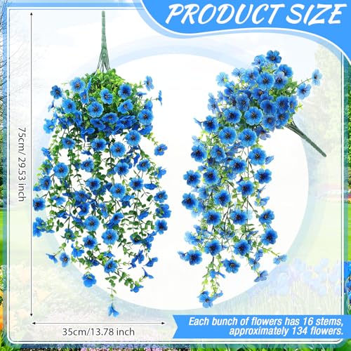 Suncalla 4 Pcs 30In Artificial Hanging Flowers for Outdoor Planter 156 Branches Trailing Faux Potted Plant Fake Floral UV & Fading Resistant for Wedding Patio Spring Summer Decor(Blue) - color: Blue
