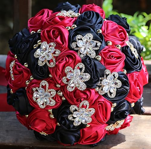 Sharebeauty 7.1" Handmade Satin Rose Bridal Bouquet Toss Round Wedding Bouquet Throw Toss Artificial Flower Bunch Ruby Red + Black - color: 809a Ruby Red/Black, size: 7.1"/18cm