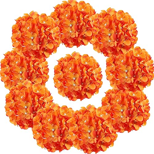 Silk Hydrangea Heads with Stems Artificial Flowers Heads for Home Wedding Decor,Pack of 10 (Orange) - color: Orange