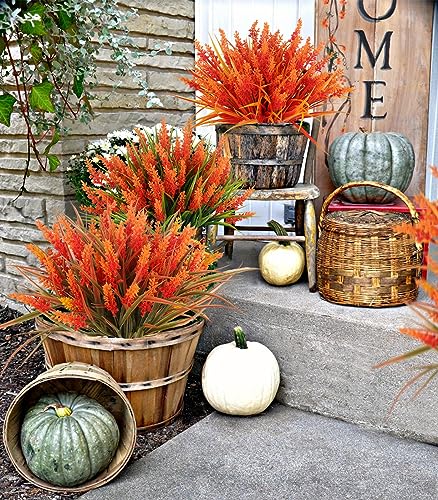 RECUTMS Artificial Fall Mums Flowers Plants Outdoors, Faux Plastic Shrubs Fake Greenery UV Resistant for Garden Patio Decor Window Box Office Hanging Planter Pathway Front Porch(Samlon) - color: Salmon