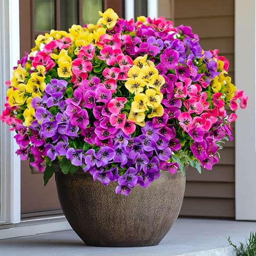 AXYLEX Artificial Flowers Outdoor Fake Plants - 16 Bundles UV Resistant No Fade Faux Shrubs Plastic Greenery Home Garden Porch Patio Decoration (1, Multi02-16pcs) - color: Mixed, 4 Colors Red Pink Purple Yellow