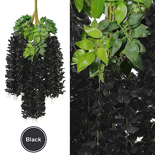 U'Artlines 24 Pack (Total 86.4 Feet) Artificial Fake Wisteria Vine Rattan Hanging Garland Silk Flowers String Home Party Wedding Decor (24, Black) - color: Black