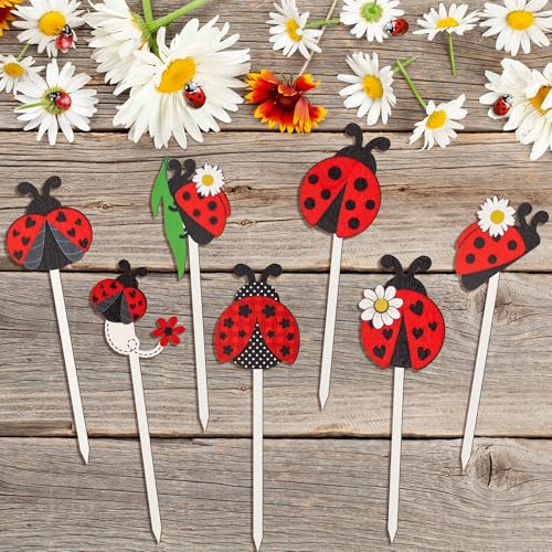 TICIAGA Summer Ladybug Wooden Picks - 14PCS Cute Ladybug Insect Double-Sided Wooden Decorative Picks for Home Vase Filler, Farmhouse Garden Theme Floral Pick for Summer Party Spring Holiday Supplies - color: Ladybug