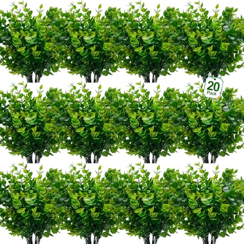 TURNMEON 20 Bundles Artificial Greenery Plants Outdoor Summer Decor, UV Resistant Fake Plants Boxwood Shrubs Grass,Faux Eucalyptus Flowers for Farmhouse Gardens Home Patio Indoor Cemetery Decor(Green) - color: Green, size: 20 Bundles