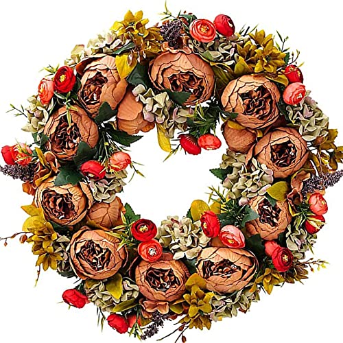 BOMAROLAN Artificial Peony Flower Wreath 19Inch Vintage Blooming Silk Peonies Spring Summer Fall Winter Large Wreaths Flower Green Leaves for Outdoor Front Door Indoor Wedding Wall Or Window Décor - color: Brown