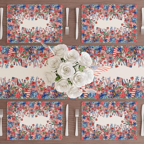 XCHI Watercolor Flowers America Stars Fireworks Memorial Day Placemats Set of 4 Table Mats 4th of July Patriotic Independence Day for Party Home Kitchen Dining Table Decorations 12x18 Inch - size: Placemats Set of 4 （12x18 Inch）