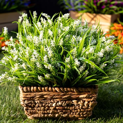 AXYLEX Artificial Flowers for Outdoors Plants - 20 Bundles Fake Lavender Plastic Faux Monkey Grass UV Resistant for Home Decorations (20, White) - color: White