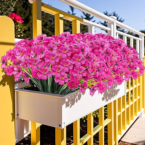 Kinisty 20 Bundles Outdoor Artificial Flowers UV Resistant with Faux Silk Flowers and No Fade Fake Plastic Plants for Spring Summer Outside Planters Porch Window Box Garden Decor, Fuchsia - color: Rose Red