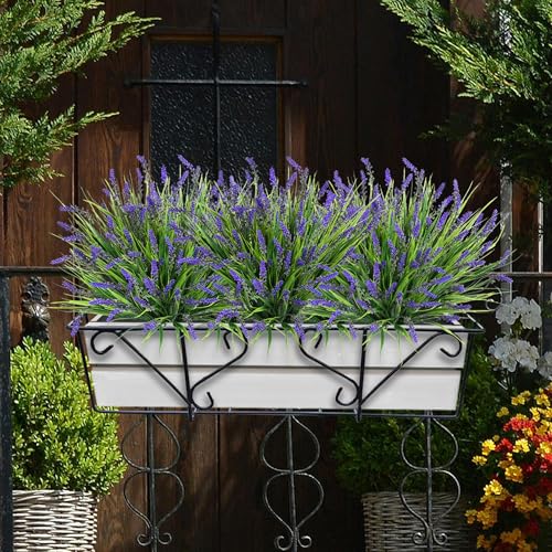 Artificial Fake Outdoor Plants Flowers for Decoration,10 Bundles 16.5" UV Resistant Plastic Tall Realistic Faux Monkey Grass Greenery Stems for Home Outside Planter Window Porch Patio Garden-Purple - color: Purple