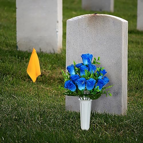 XONOR Artificial Cemetery Flowers, Set of 2 Artificial Rose Bouquet Grave Memorial Flowers with Vase for Cemetery Headstones Decoration (Blue) - color: Blue