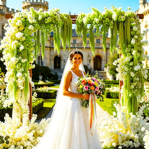 5Pcs Dried Amaranthus Hanging Flowers, 53" Neon Green Preserved Natural Wisteria for Wedding Arch, Table Centerpiece, Wall Hanging Lover Tears, Floral Arrangement (Green) - color: Green