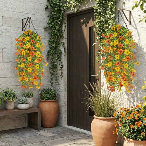 Artificial Hanging Flowers 4 Bundles UV Resistant Fake Flowers for Outdoor Decor Realistic Silk Flower Faux Plants for Patio Porch Garden Yard (Orange Yellow) - color: 4pcs Orange Yellow