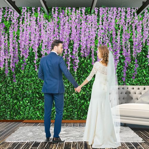 54 Pack Greenery Backdrop with Flowers Include 18 Pcs 16" x 24" Grass Wall Panels Artificial Hedge Boxwood Panels 36 Pcs 3.6 Feet Wisteria Hanging Flowers Garland for Wedding Summer(Purple) - color: Purple